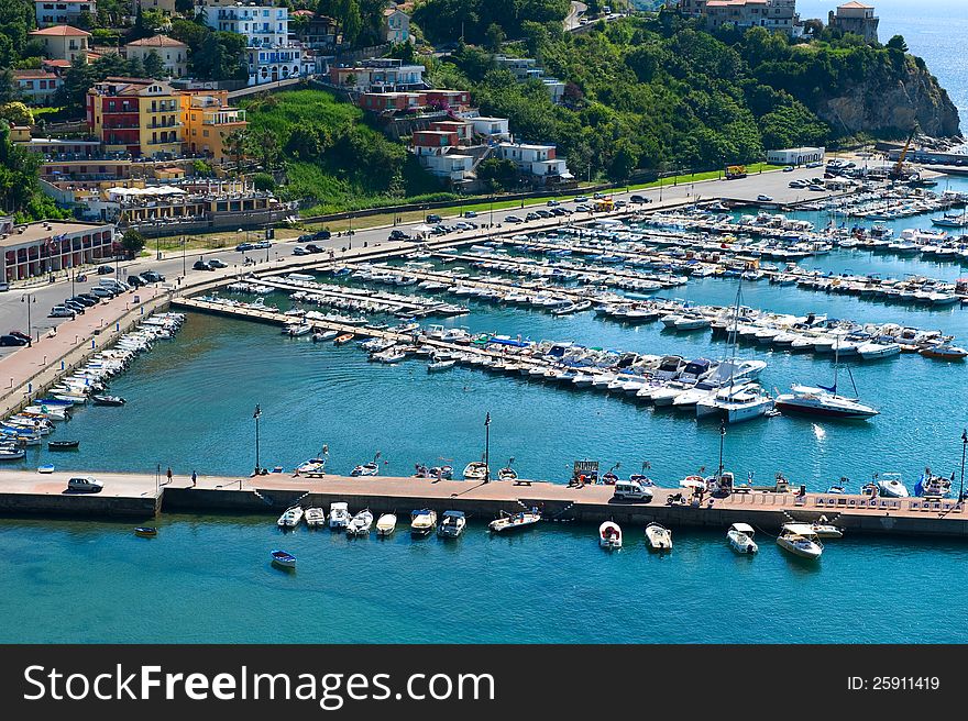 Boats moored in the harbor of Agropoli