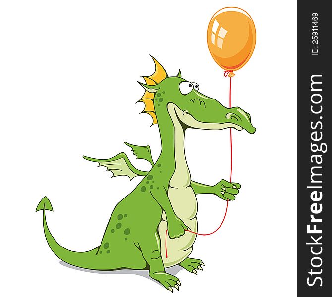 Funny dragon with an orange balloon on a white background.