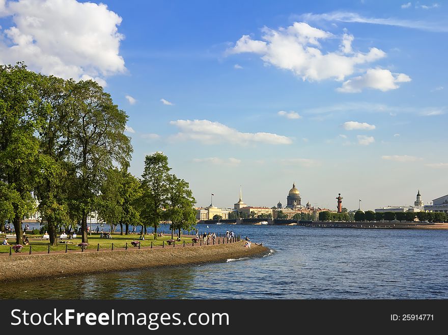 Views of the waters of the River Neva, the spit of vasilyevsky island
