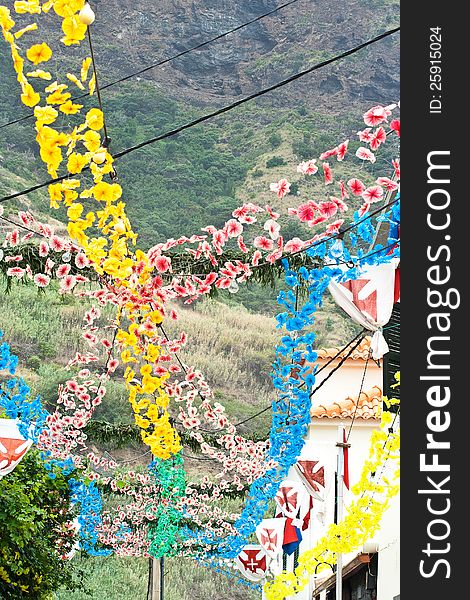 Streets of towns and villages on the island of Madeira are colorfully decorated because of Assumption dag, celebrating Mary's going to heaven. Streets of towns and villages on the island of Madeira are colorfully decorated because of Assumption dag, celebrating Mary's going to heaven