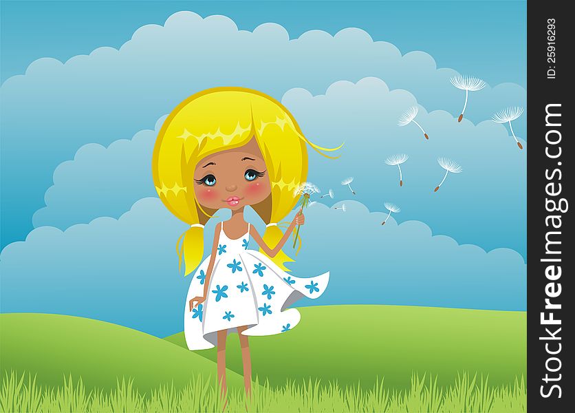 Girl on to the meadow with a dandelion