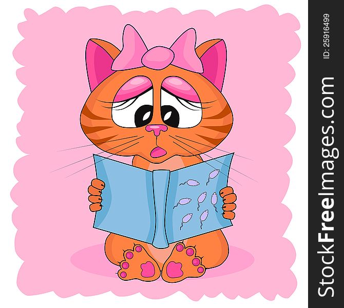 Kitty with a pink bow is reading a book isolated on pink background