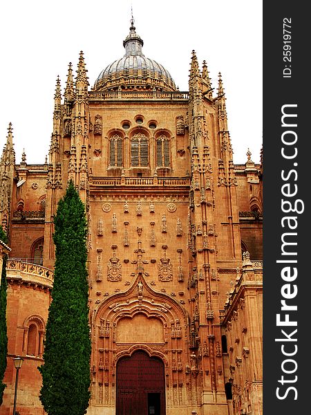 The massive southern gate of the Salamanca cathedral build entirely out of pink sandstone displays an entire set of gothic elements. The massive southern gate of the Salamanca cathedral build entirely out of pink sandstone displays an entire set of gothic elements.