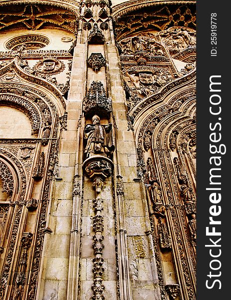 The main entrance to the cathedral of Salamanca in Spain features some of the most rich and detailed gothic decorations in Europe. Miniature saint figures combined with floral motifs and influences from the Moors. The main entrance to the cathedral of Salamanca in Spain features some of the most rich and detailed gothic decorations in Europe. Miniature saint figures combined with floral motifs and influences from the Moors.