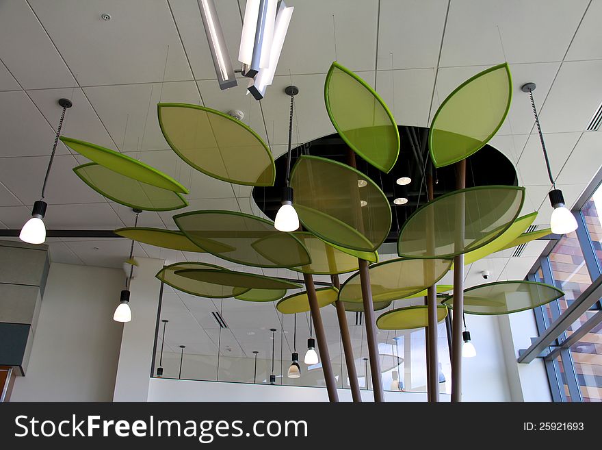 Image of leaf decorations hanging from the ceiling of the local library. Image of leaf decorations hanging from the ceiling of the local library