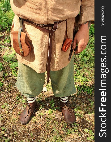 Wear of the Slavic medieval warrior's: shirt, pants, belt, shoes, purse. Wear of the Slavic medieval warrior's: shirt, pants, belt, shoes, purse