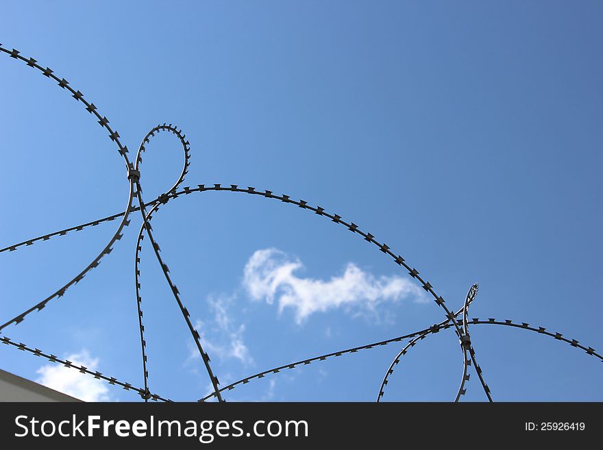 Barbed wire on the fence on the sky background. Barbed wire on the fence on the sky background