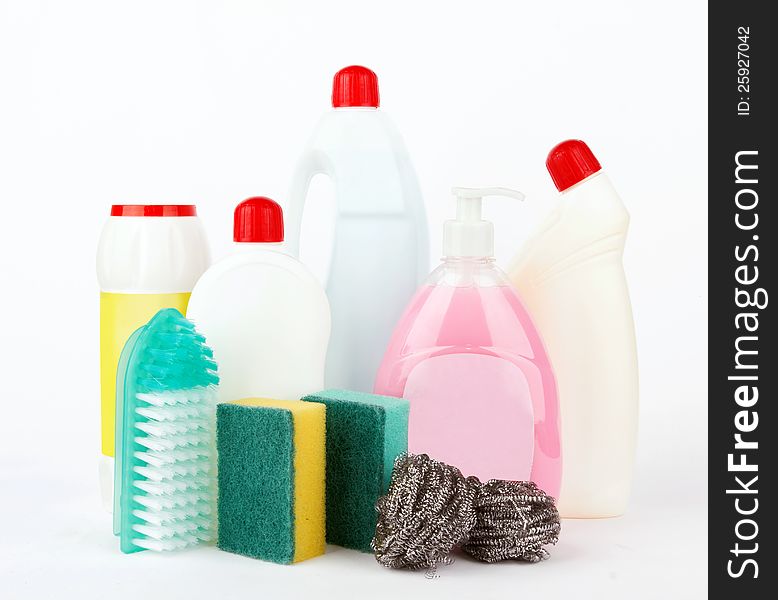 Assortment of means for cleaning on white