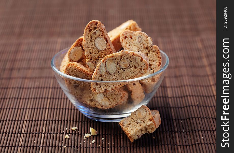 Glass Bowl of a Cantuccini cookies. Glass Bowl of a Cantuccini cookies