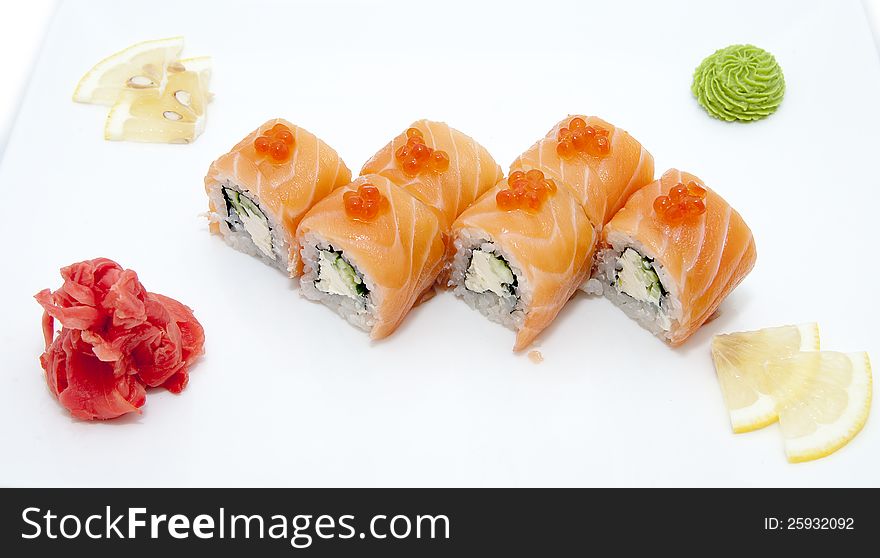 Japanese sushi fish and seafood on white background