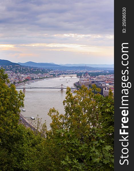 Looking down on Budapest with Danube and bridges. Looking down on Budapest with Danube and bridges