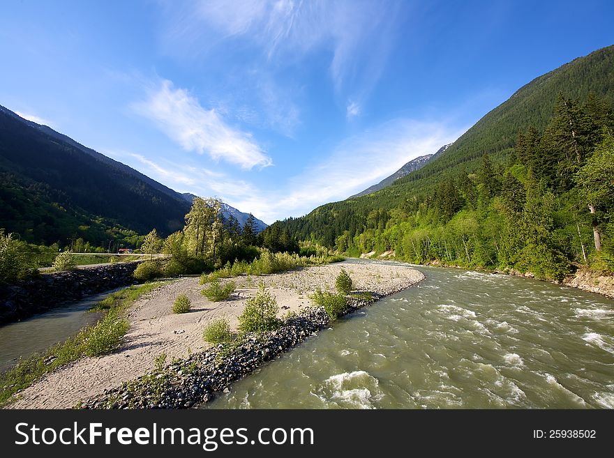 A fast moving river in the Coastal Mountain range of British Columbia Canada. A fast moving river in the Coastal Mountain range of British Columbia Canada