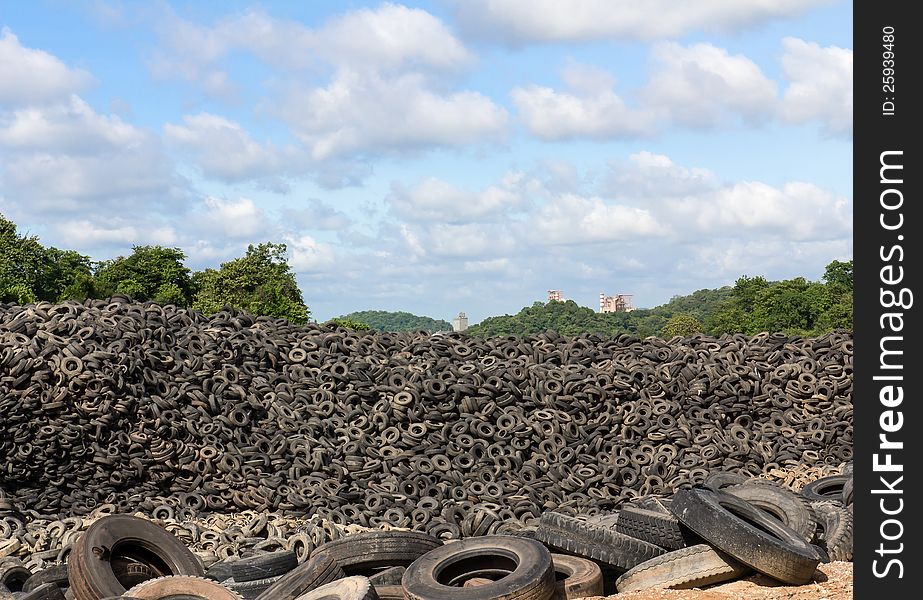 Heap of old Tires in recycling plant in Thailand