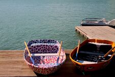 Wooden Boats At The Pier. River Bank In Summer Royalty Free Stock Images Wooden Boats At The Pier. River Bank In Summer Royalty Free Stock Images