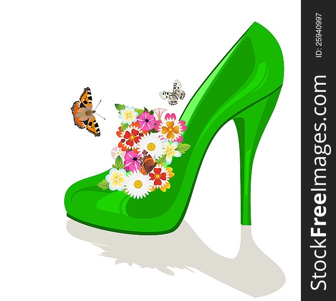 Bouquet of flowers in the womens shoe and flying butterflies. The illustration on a white background. Bouquet of flowers in the womens shoe and flying butterflies. The illustration on a white background.