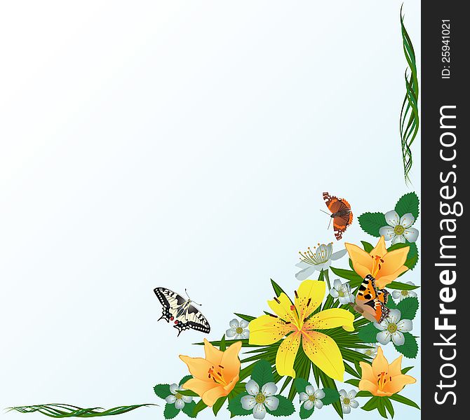 Bouquet of flowers and butterflies. The illustration on a white background. Bouquet of flowers and butterflies. The illustration on a white background.