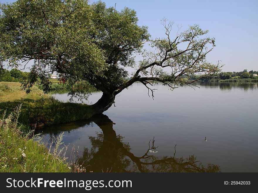 Freshwater lakes are used by a man for breeding of fish. Freshwater lakes are used by a man for breeding of fish