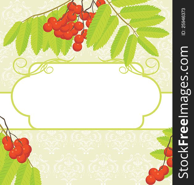 Decorative frame with rowan branches on the ornamental background. Illustration