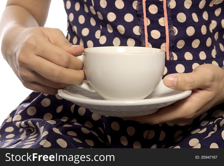 Woman wearing retro dress hold a cup of coffee. Woman wearing retro dress hold a cup of coffee