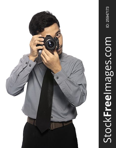 Photographer wearing shirt and tie take photo isolated over white background. Photographer wearing shirt and tie take photo isolated over white background