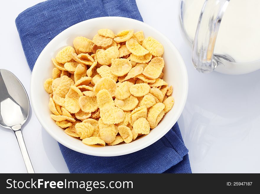 Breakfast with corn-flakes, top view