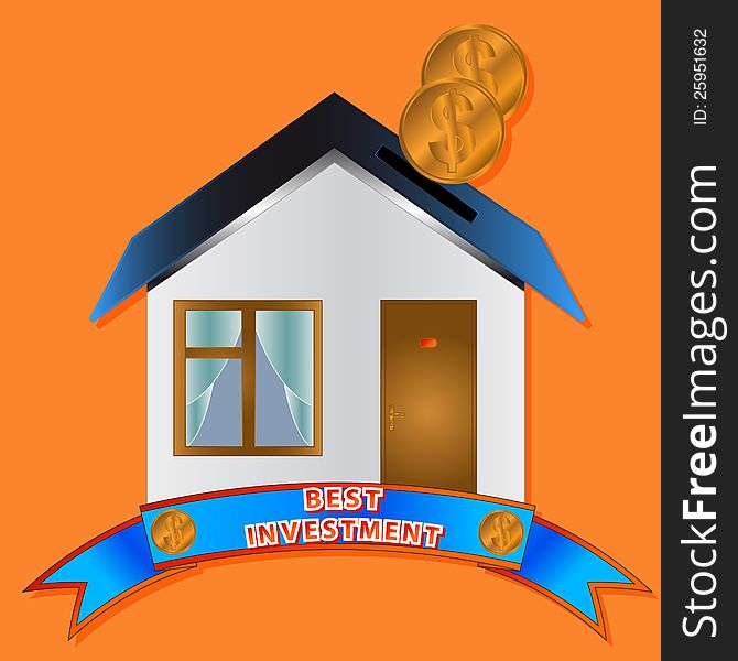 Real estate with coins on a orange background. Real estate with coins on a orange background