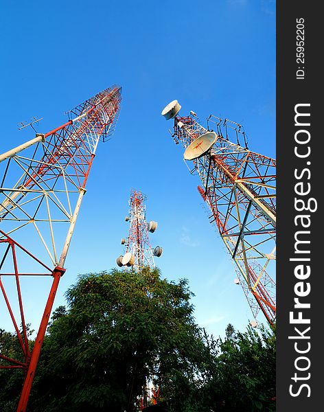 Telecommunication tower with a  sunlight. Used to transmit television signals.