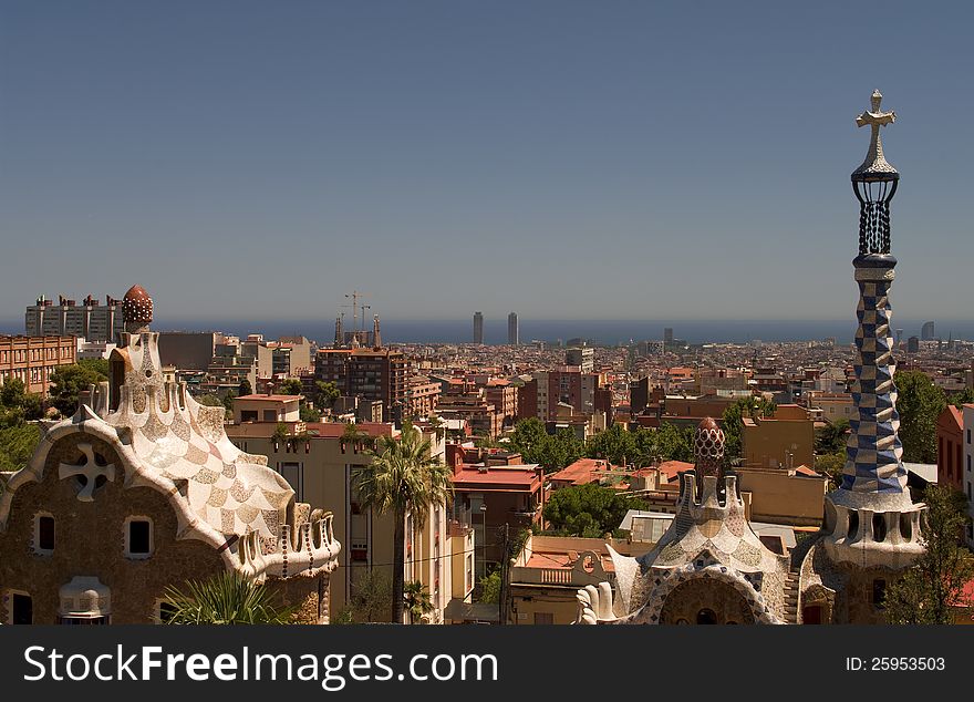 Guell park in Barcelona, Architecture by Gaudi, summer day light 2012