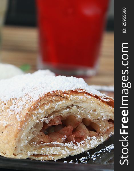 Detail photo of apple roll strudel without sugar. Detail photo of apple roll strudel without sugar