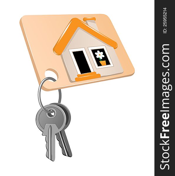 Two metal keys on a ring and a label of house. Two metal keys on a ring and a label of house.