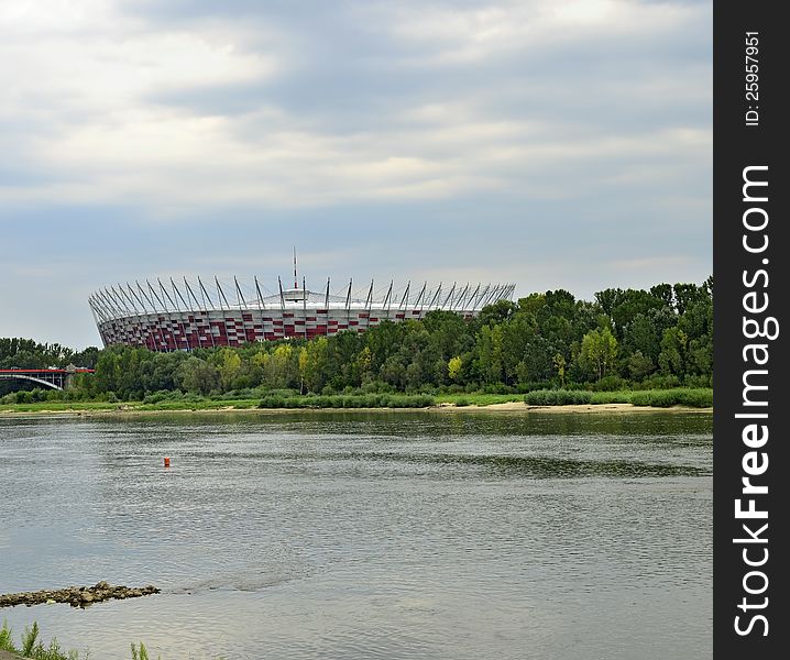 National Stadium over the Vistula river. Wide angle view