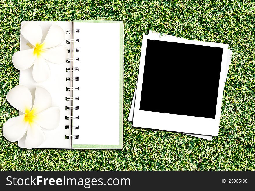 Photo frame and notebook on green grass background