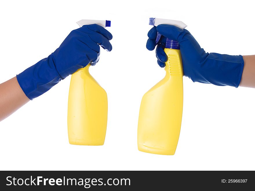Spray bottle in hand isolated on white background. Spray bottle in hand isolated on white background