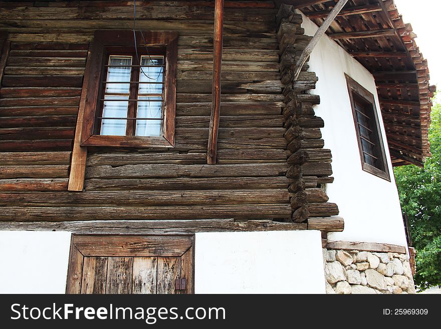 Revival Bulgarian house with wooden wall, detail. Revival Bulgarian house with wooden wall, detail