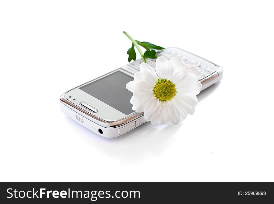 Cellphone And Flower Isolated On White