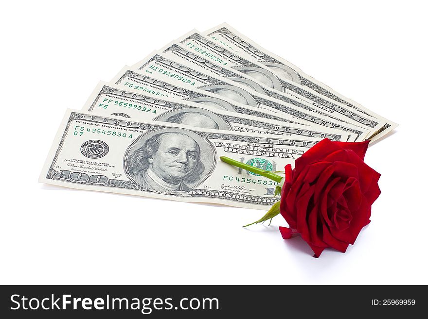 Dollars And Rose On The White Background