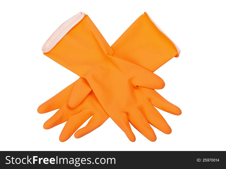 Orange rubber gloves, isolated on white