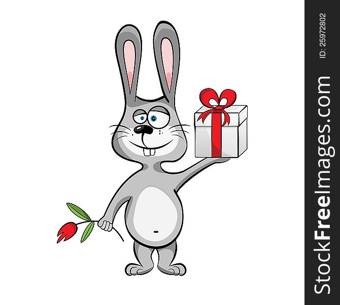 Jackrabbit with giftbox isolated on white backgound. EPS 8 vector illustration.