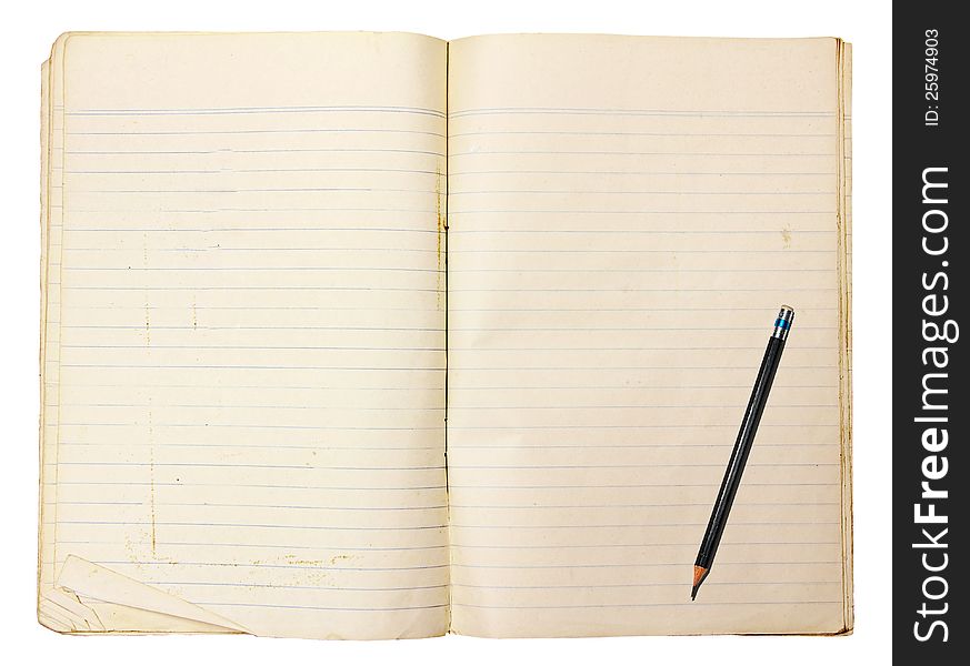Vintage notebook with line and pencil on white background (Clipping paths)