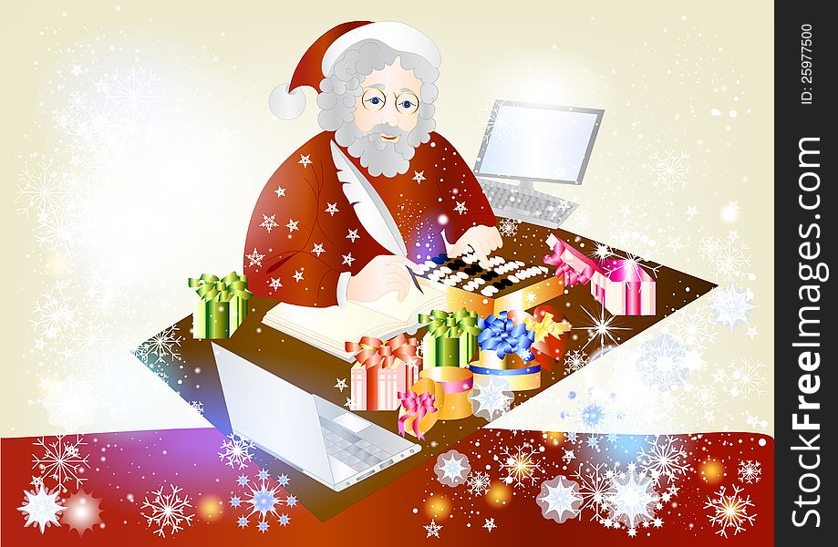 Greeting card with Santa Claus and gifts. Christmas vector. Greeting card with Santa Claus and gifts. Christmas vector
