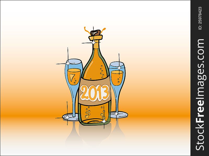 Vector illustration shows composition with 2013 year label bottle of bubbly and two full glasses. Vector illustration shows composition with 2013 year label bottle of bubbly and two full glasses.