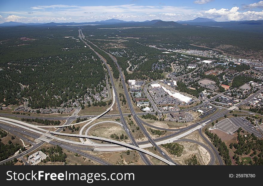 Aerial view of Interstate 17 and Interstate 40 Interchange in Flagstaff, Arizona. Aerial view of Interstate 17 and Interstate 40 Interchange in Flagstaff, Arizona