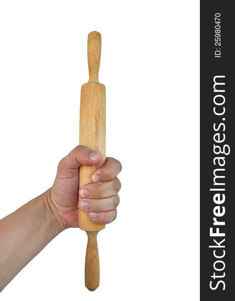 Men hand with wooden rolling pin isolated on white background. Men hand with wooden rolling pin isolated on white background.