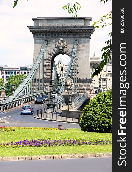 View of traffic circle and chain bridge in Budapest, Hungary