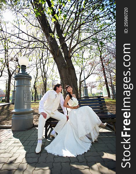 Happy Bride And Groom On Bench