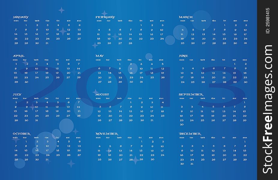 New calendar year 2013 in English. New calendar year 2013 in English