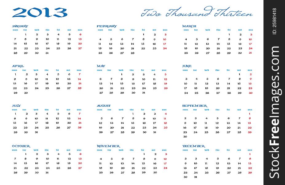 New calendar year 2013 in English. New calendar year 2013 in English
