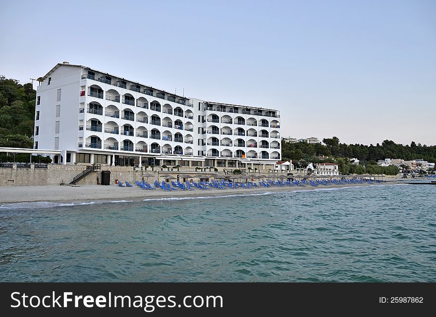 Amon Zeus hotel on the beach in Kallithea resort in Kassandra, Greece. Amon Zeus hotel on the beach in Kallithea resort in Kassandra, Greece