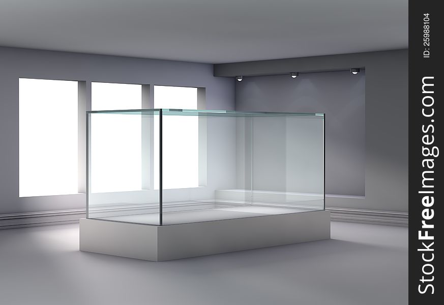 3d glass showcase and niche with spotlights for exhibit in the gallery