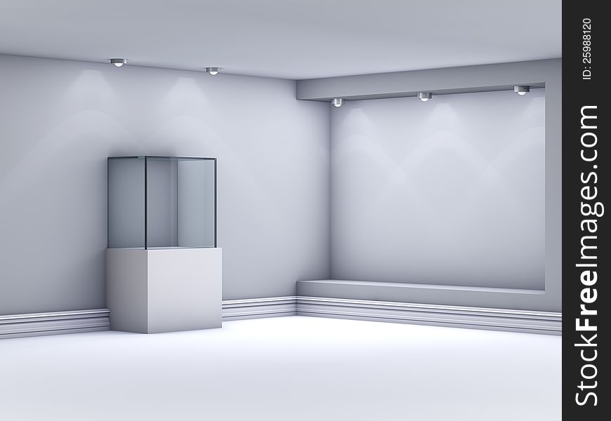 3d glass showcase and niche with spotlights for exhibit in the gallery